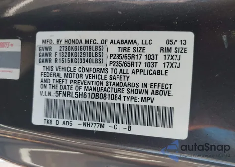2013 Honda Odyssey Ex-L from USA, damaged, VIN 5FNRL5H61DB081084